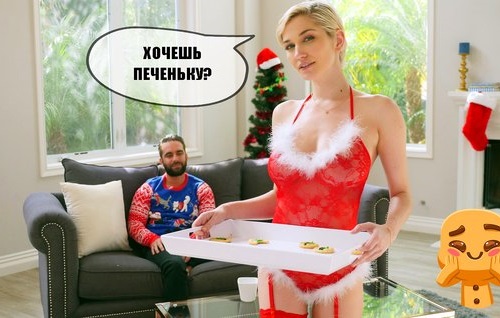 Постер к видео: Сисястая блондинка угощает бородача печеньком и своей тугой киской.