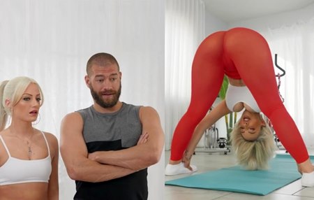 Постер к видео: Подавленная сексуальностью тренерши по фитнесу, девушка оставляет своего парня ей на перекус.